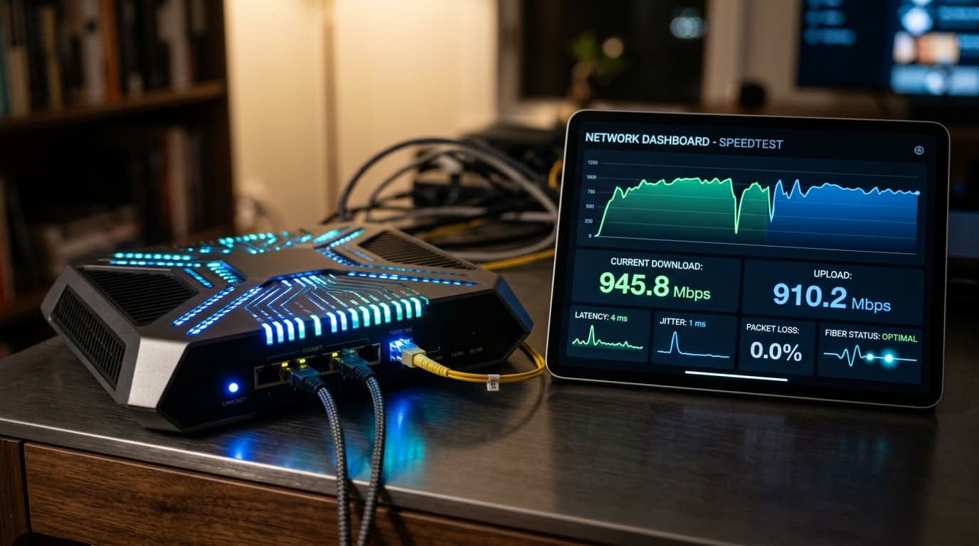 High-speed broadband network interface displaying low latency and high bitrate metrics for 4K live sports playback