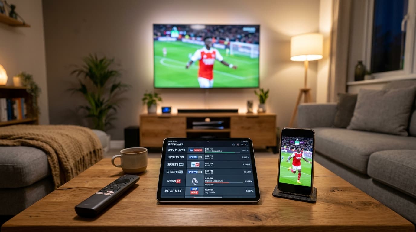 Home entertainment center showing IPTV player application running seamlessly on Fire TV Stick and Android mobile phone