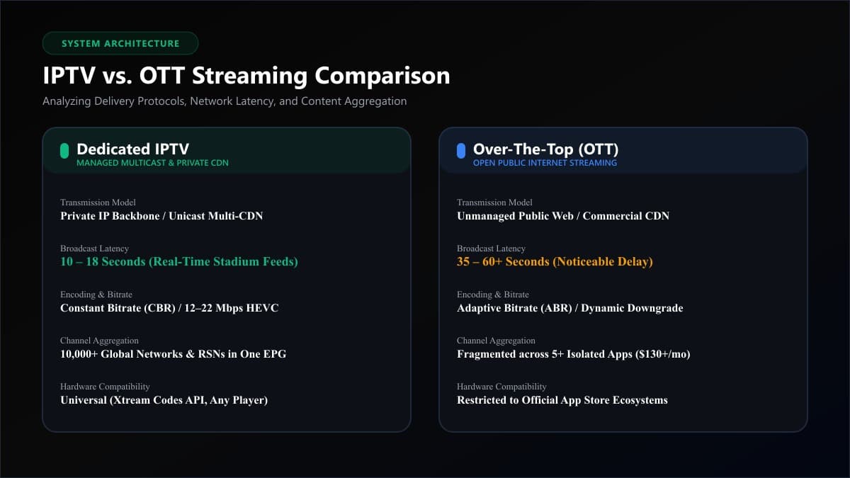 IPTV vs OTT Streaming Platform Comparison Minimalist Japanese courtyard residence in Kyoto at dusk with an 85-inch QD-OLED TV displaying an IPTV vs OTT interface comparison