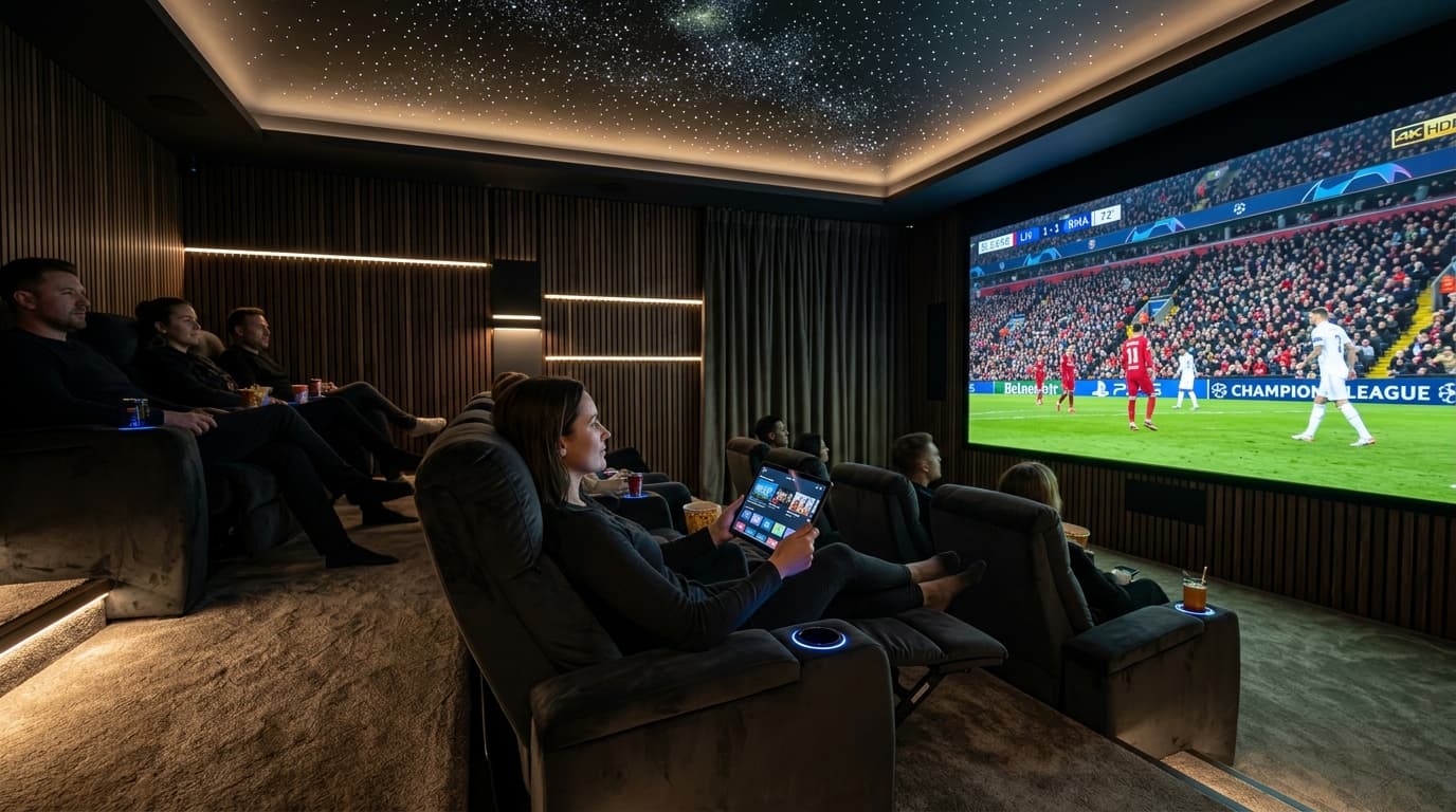 Dedicated private home cinema room with laser projector streaming live 4K sports through a premium IPTV subscription