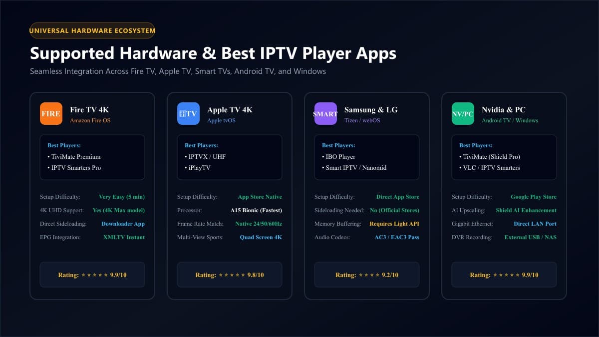 Minimalist entertainment setup with streaming devices including Fire TV Stick 4K Max, Apple TV 4K, and Nvidia Shield running custom IPTV player apps