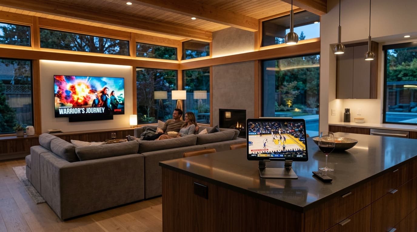 Modern open-concept living room with a couple watching a 4K movie on television while a kitchen tablet streams live sports
