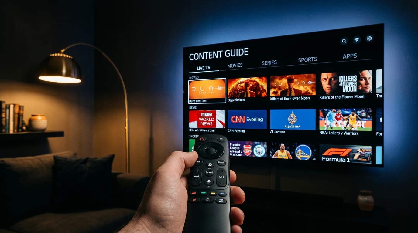 First-person perspective of a user holding a remote control to browse an electronic program guide on a 4K television screen