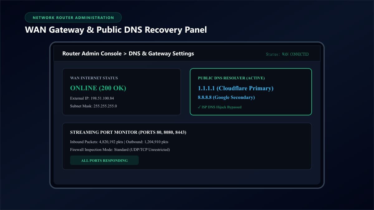 Tablet screen displaying router network administration panel troubleshooting WAN gateway and DNS connection issues