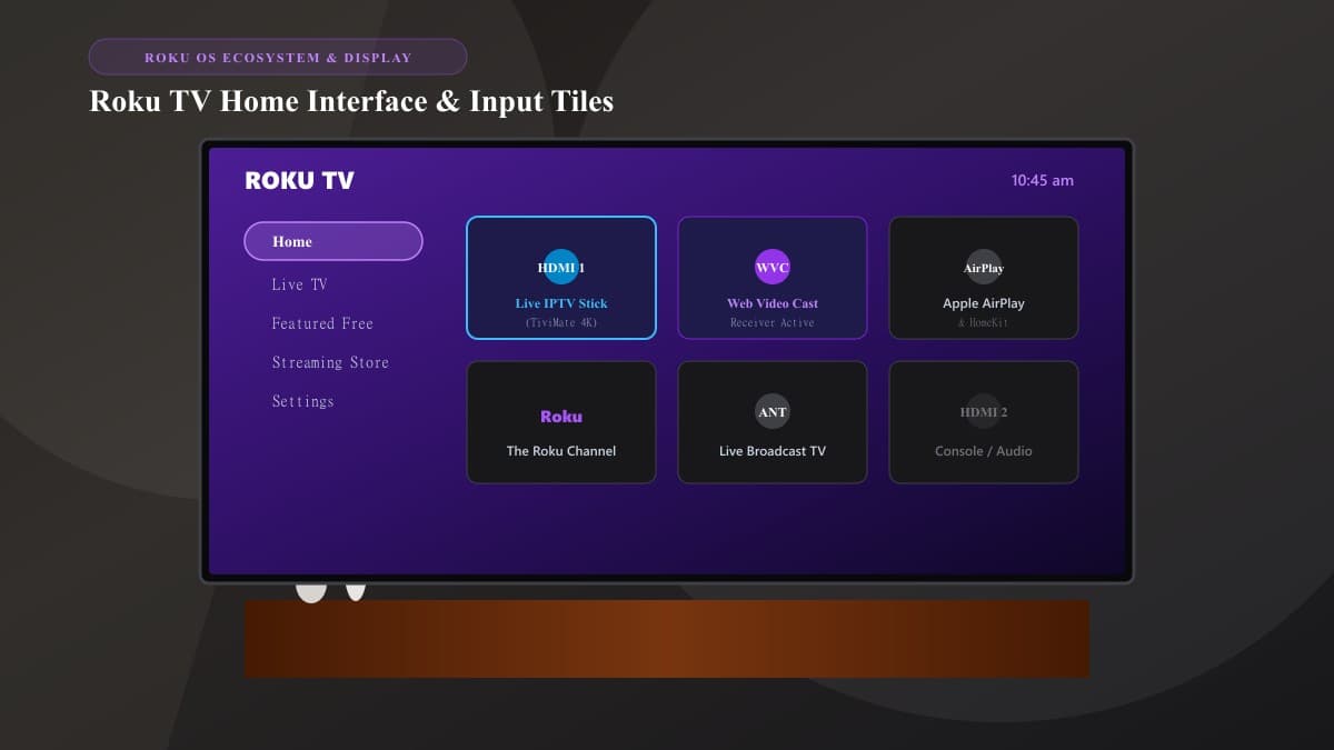 TCL Roku TV displaying Roku OS home screen on a limewash wall in a bright Nordic living room