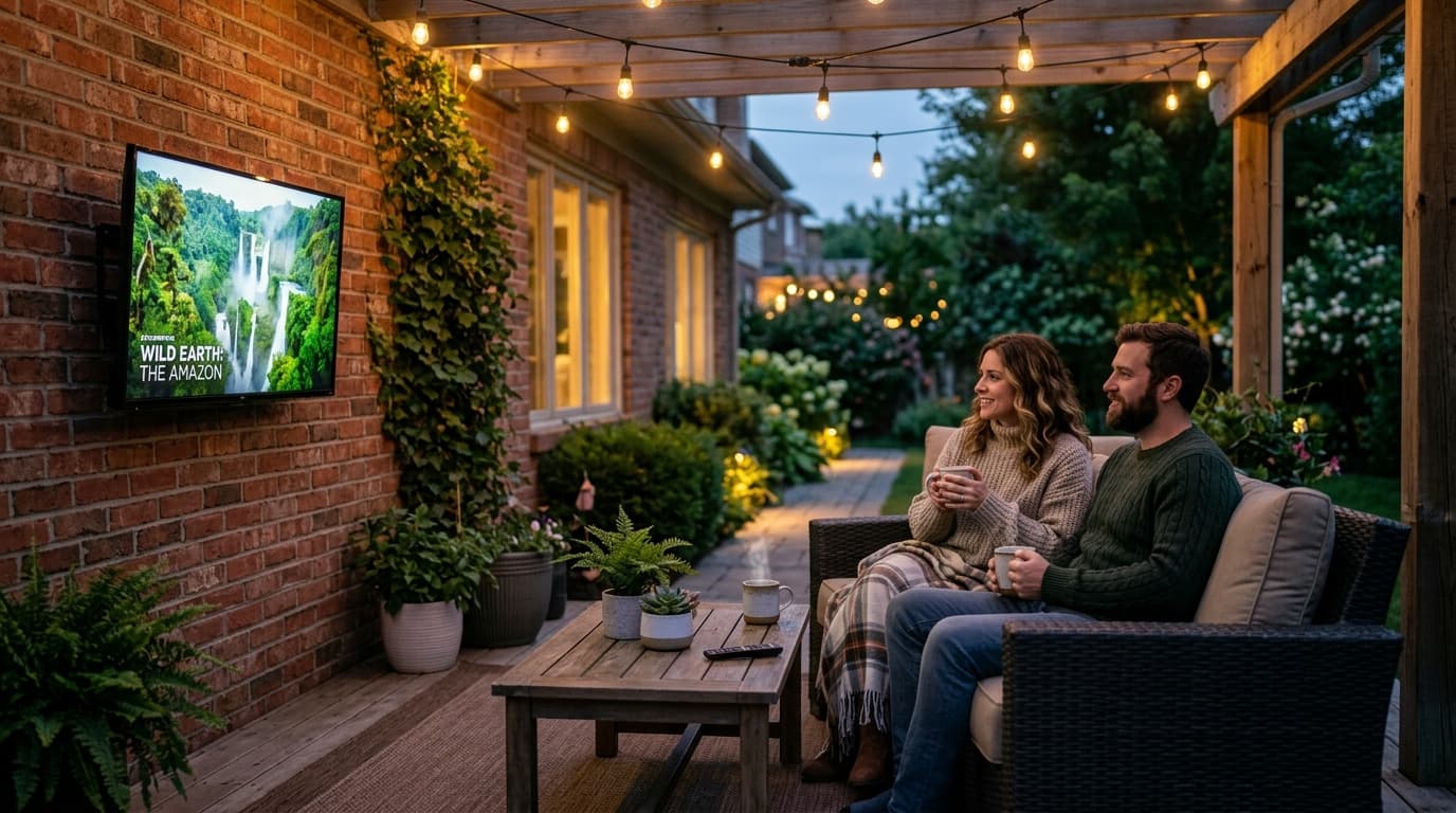 Suburban backyard patio with warm bistro lights and a compact display streaming live television on a budget