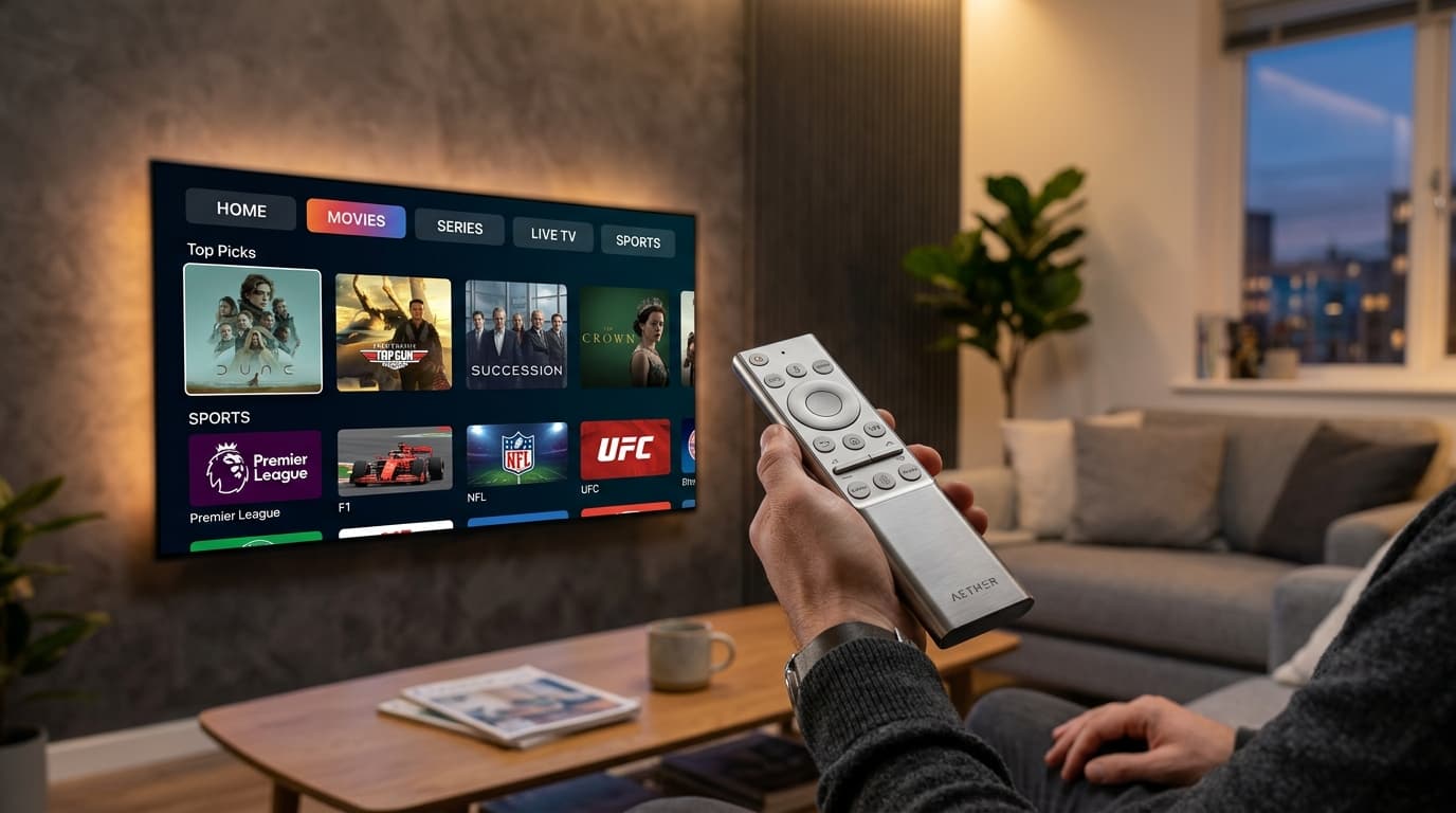 User navigating a fast, intuitive premium IPTV player application with organized channel categories and responsive menus