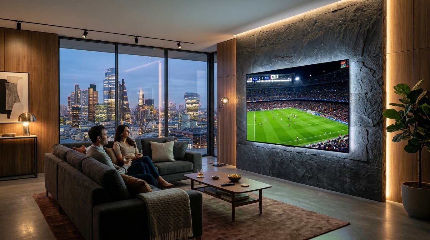 Crisp 4K HDR live sports streaming displayed on a premium IPTV interface in a modern entertainment room