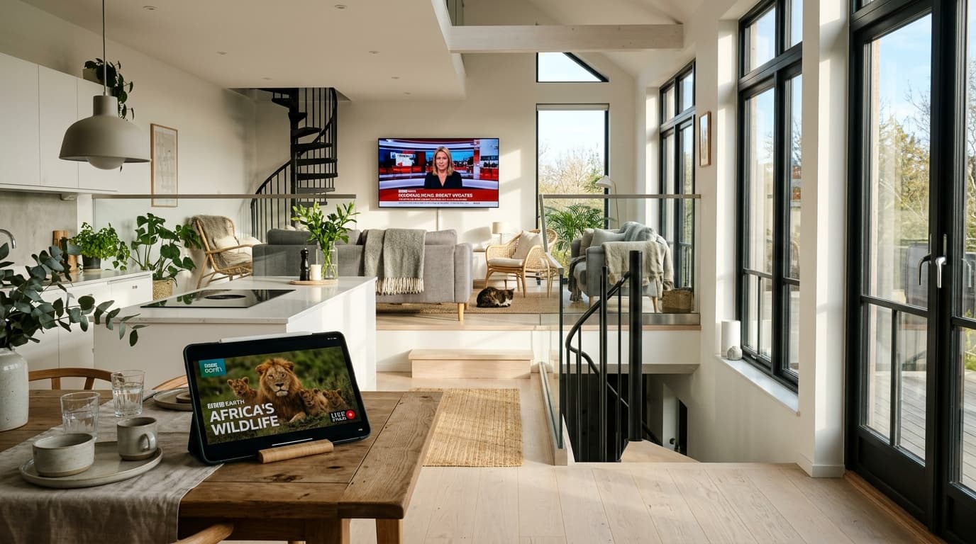 Multi-Screen IPTV Subscription Streaming Across Multiple Rooms Scandinavian split-level home with an OLED television playing morning news while a tablet on the dining table streams an HD documentary