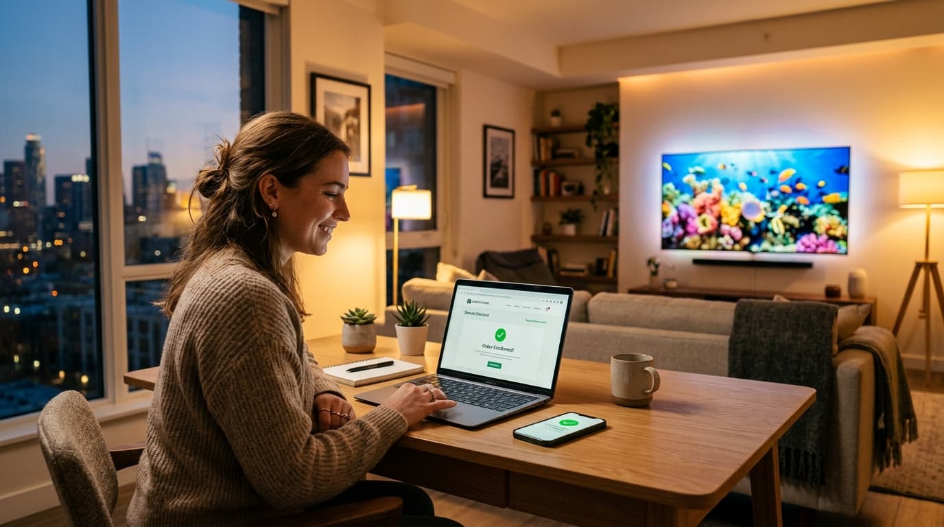Young woman completing a secure online checkout on a laptop with an instant IPTV activation confirmation notification