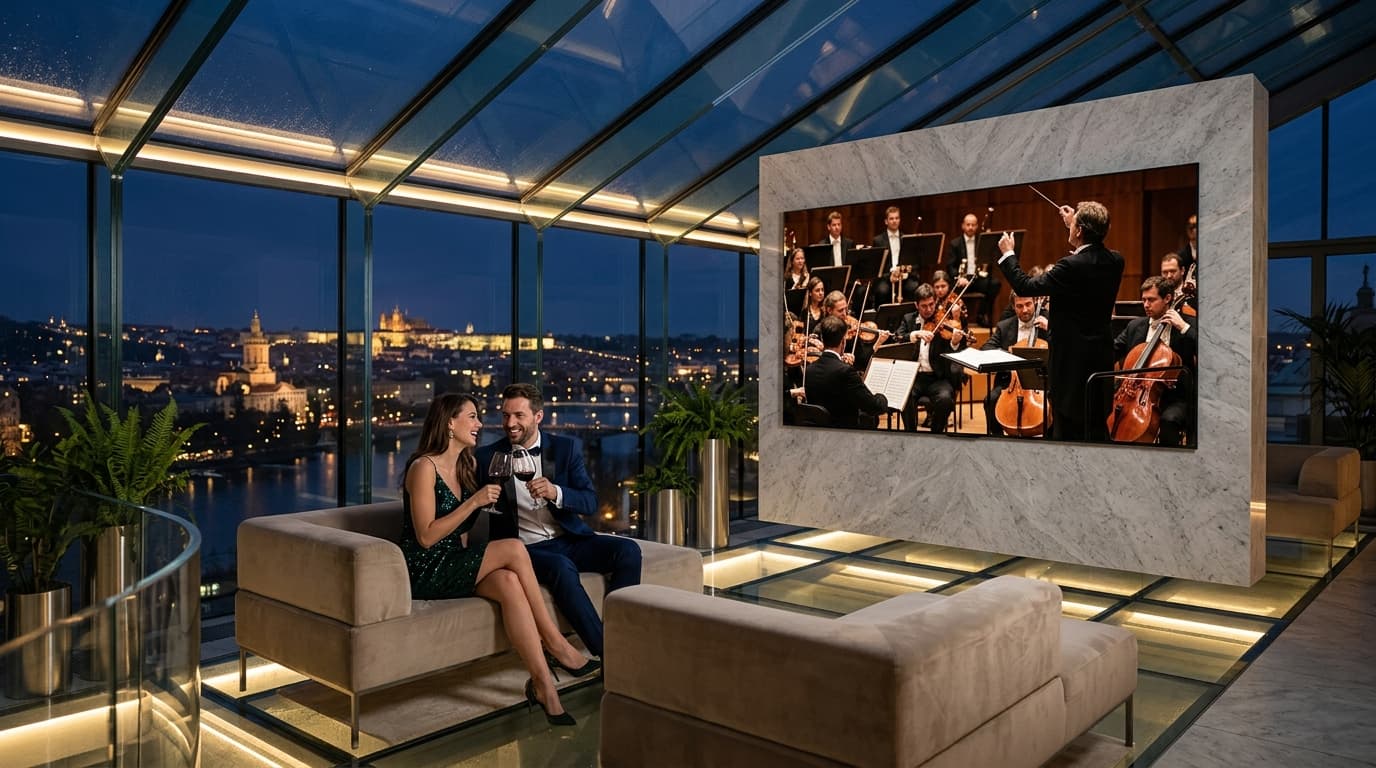 Modern glass rooftop sky lounge at night featuring an 85-inch television streaming live high-definition entertainment