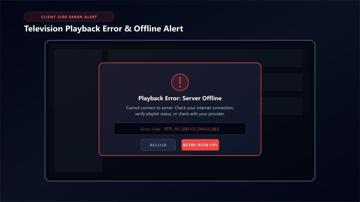 Television screen displaying IPTV playback error message indicating connection failed or server offline