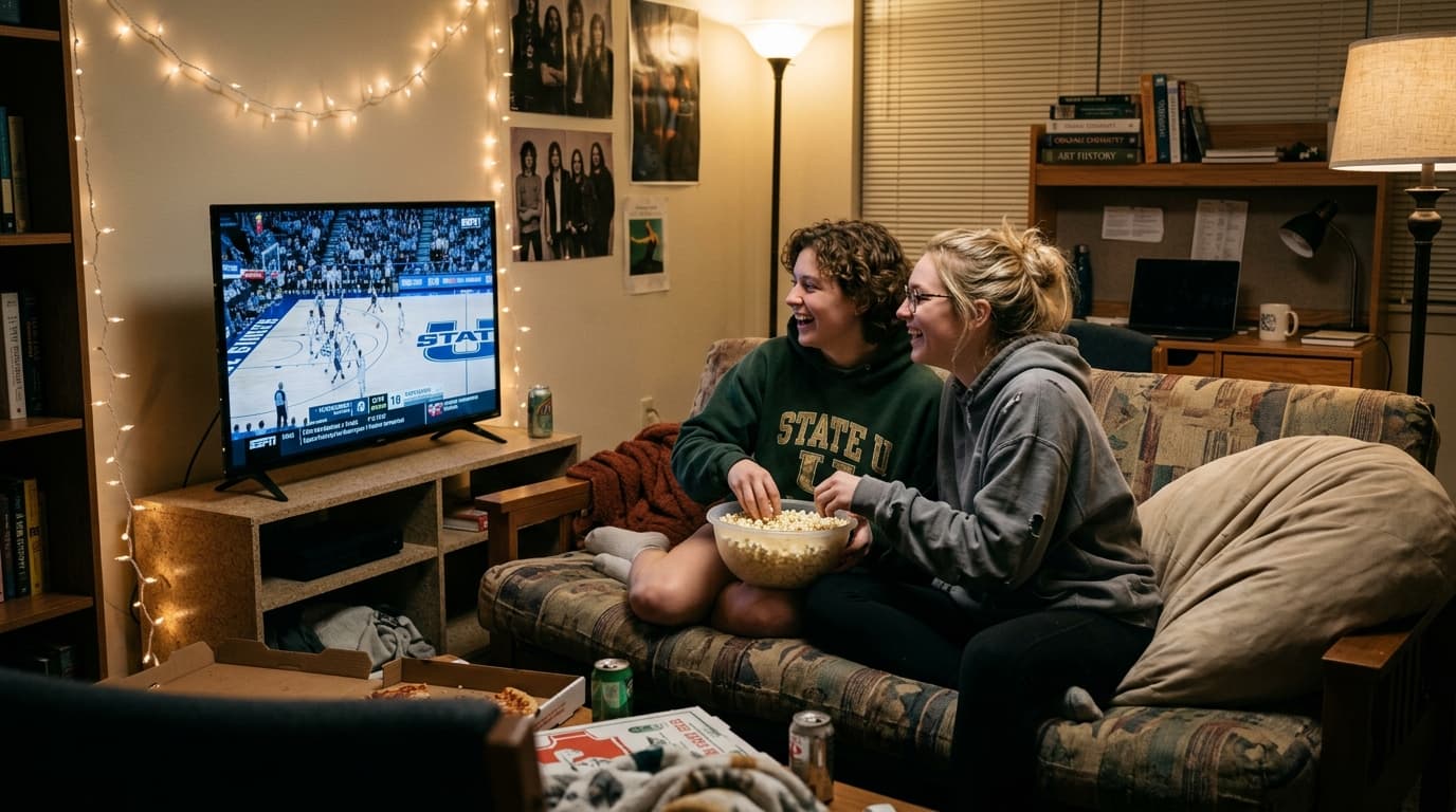 College students in a cozy dorm room watching live basketball on a budget smart TV setup