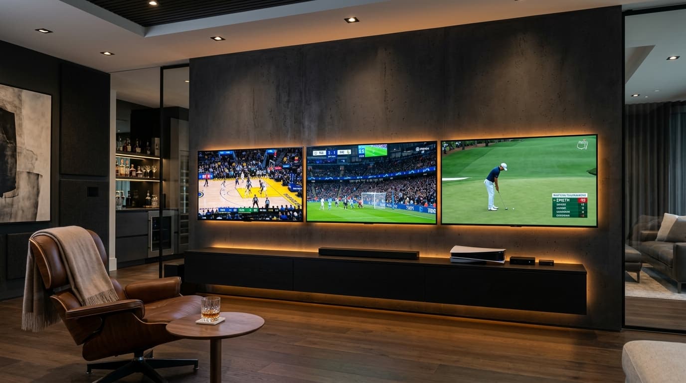Triple-screen media wall in a home entertainment lounge streaming three synchronized live sporting events through an IPTV provider