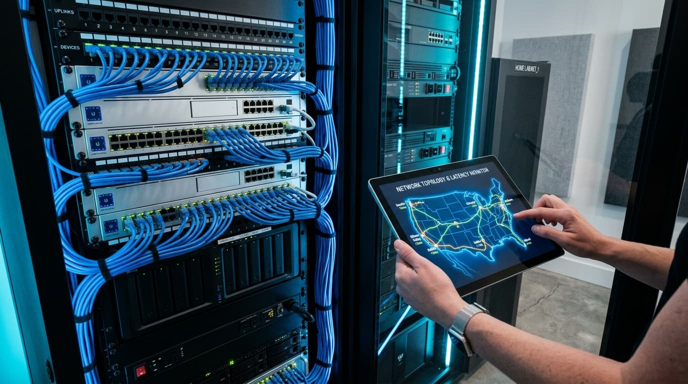Network technician in a server room analyzing US low-latency fiber routing and edge server telemetry on a tablet for optimal American IPTV streaming